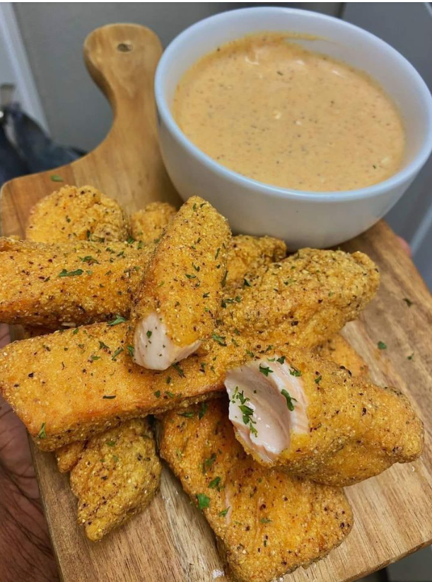 Fried Lemon Pepper Salmon Sticks with Old Bay Blue Cheese