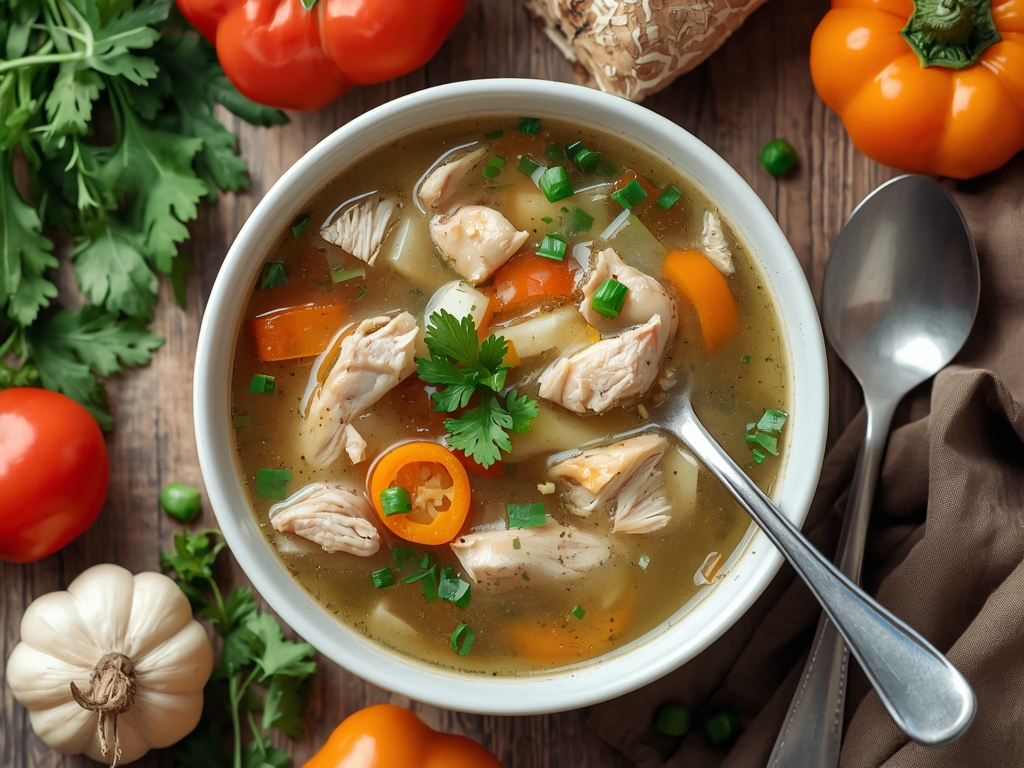 A bowl of chicken soup surrounded by fresh vegetables and