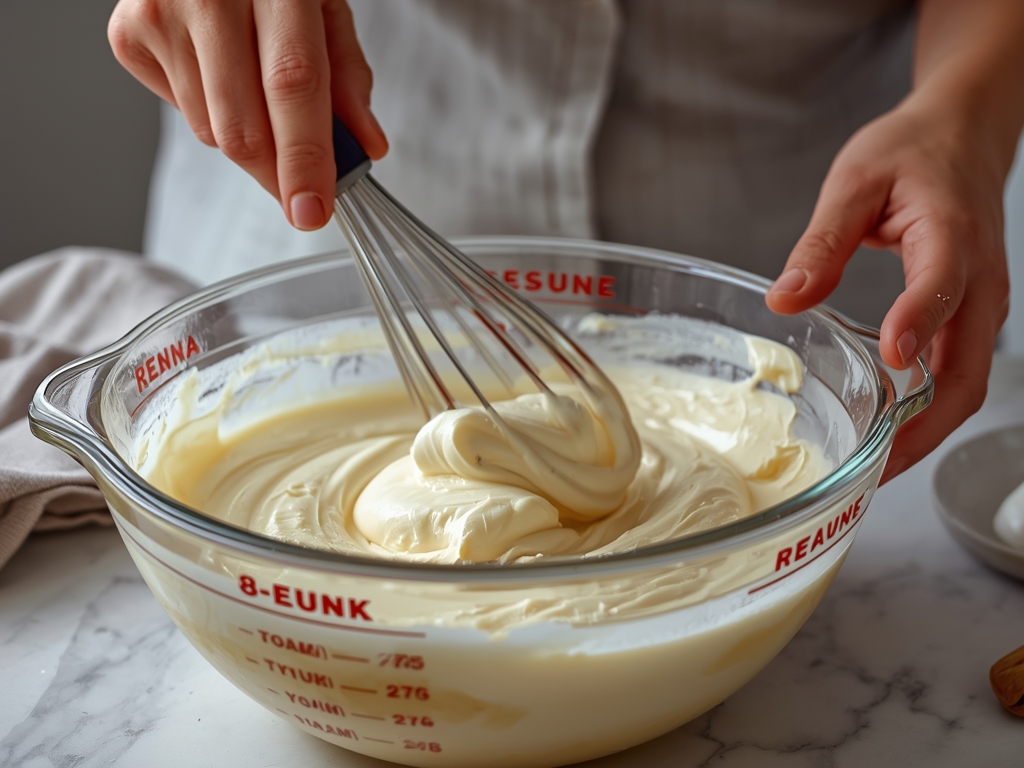 A close-up of hands gently folding the batter for the
