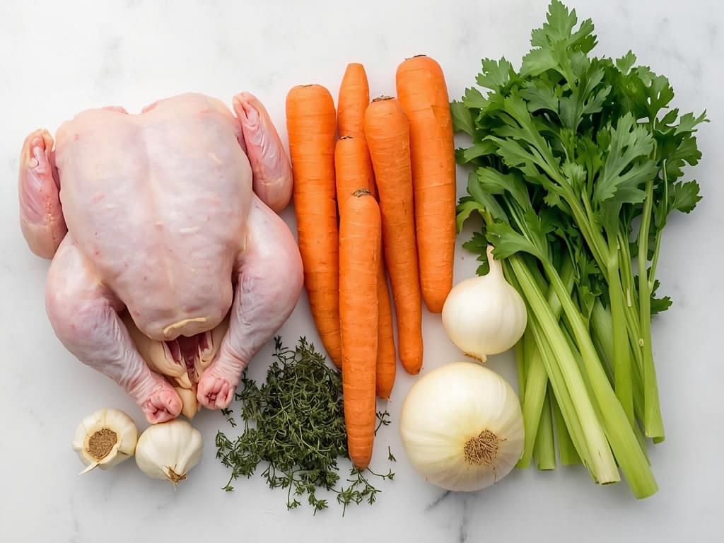 A neatly arranged collection of fresh ingredients for chicken soup: