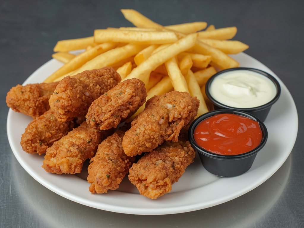 A plate of crispy chicken strips with a side of