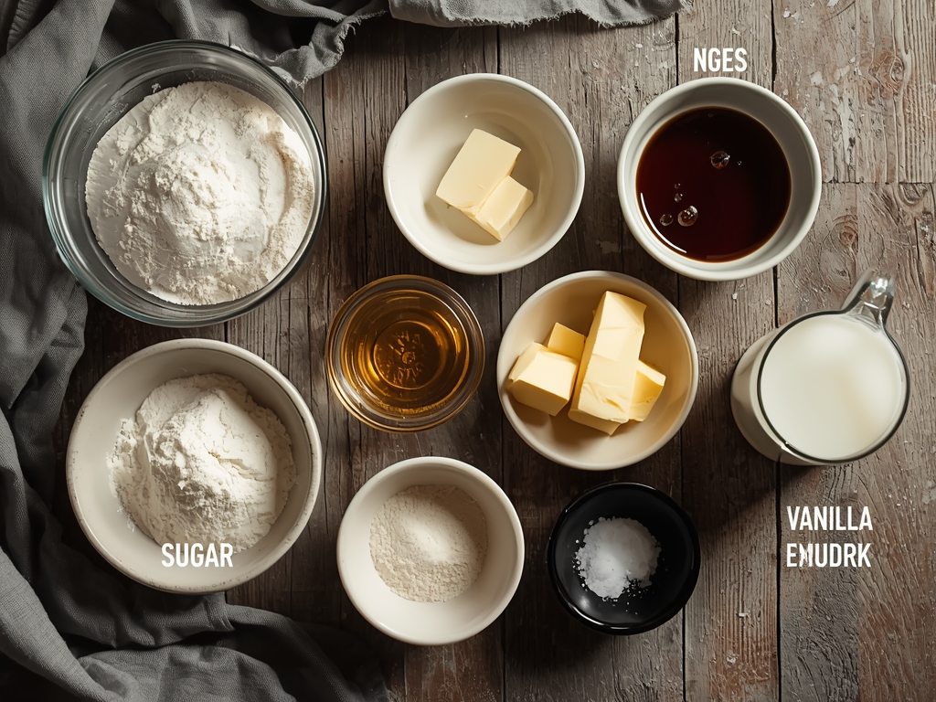 A rustic, farmhouse-style table with neatly arranged ingredients for the
