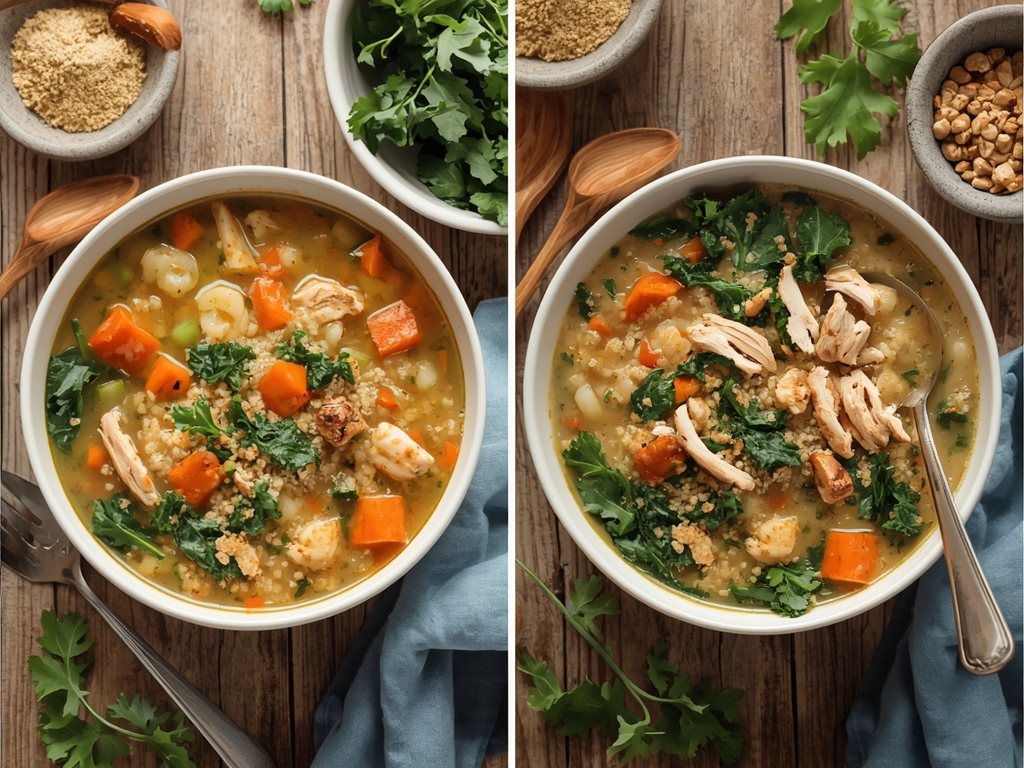 A side-by-side comparison of a classic chicken soup bowl and