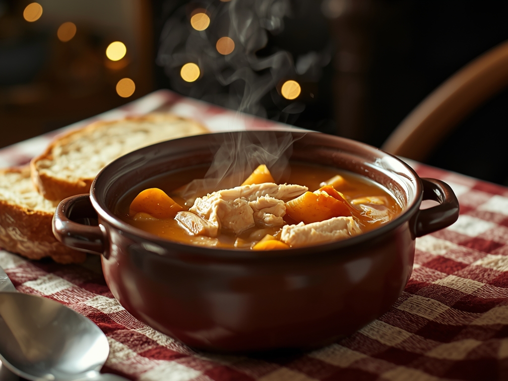 A steaming bowl of chicken soup with a slice of