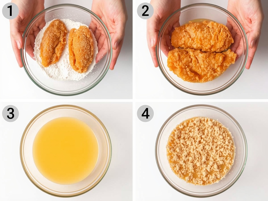 Hands breading chicken strips, with flour, eggs, and breadcrumbs in